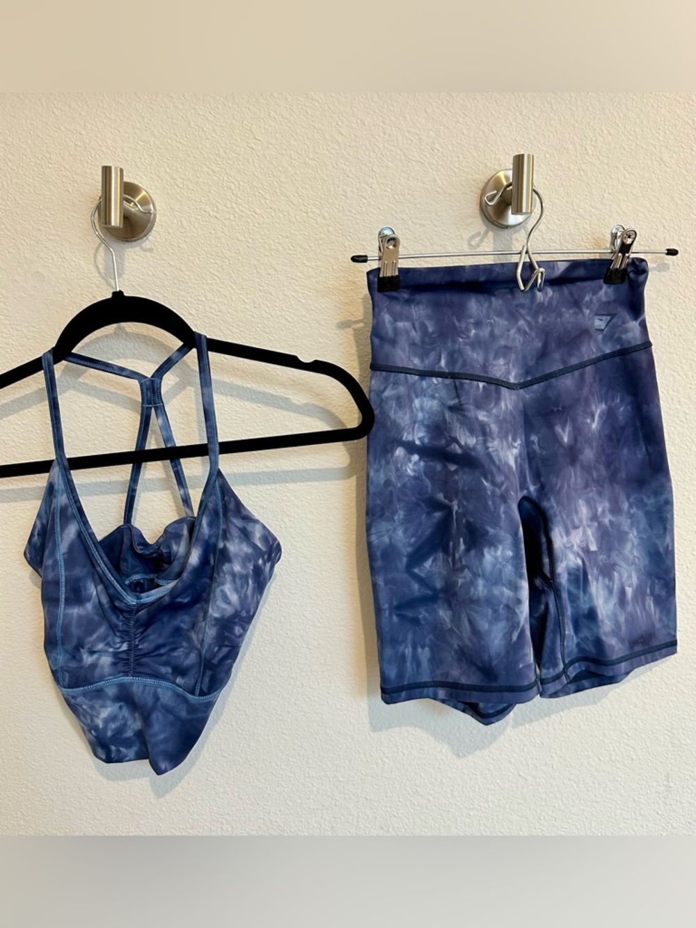 Gymshark Women's Blue Tie-Dye Athletic Shorts & Sports Bra Set